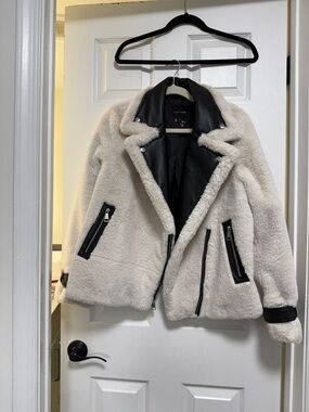 Lafayette 148 New York Cream Faux-Shearling Moto Jacket with Black Trim